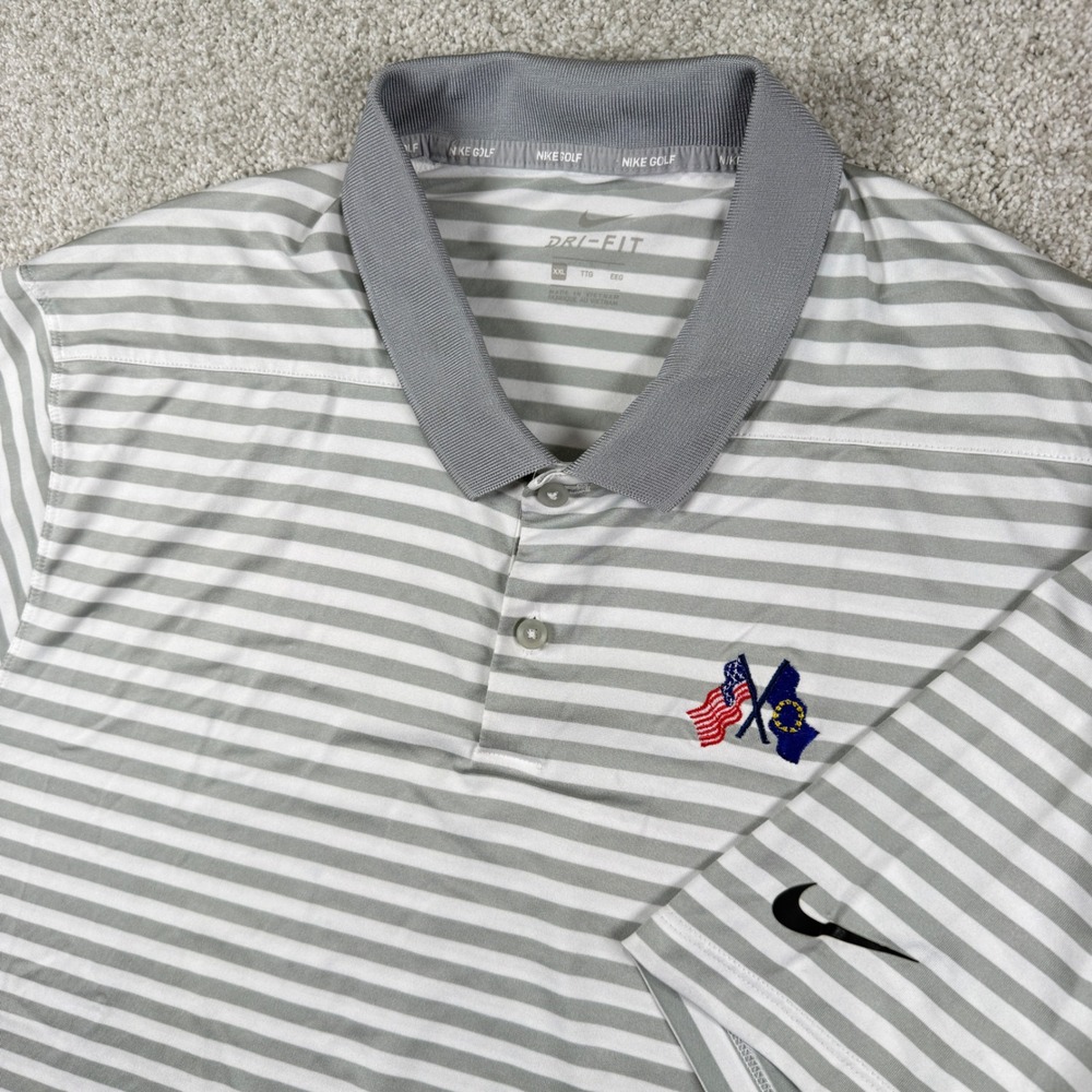 Nike Golf Polo Mens 2XL Grey Striped Dri-Fit Short Sleeve Flag Graphic Shirt